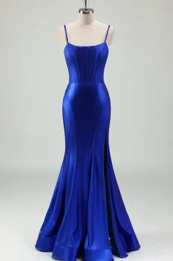 Sereia Real Azul Esparguete Correias Corset Cetim Long Prom Dress com Fenda