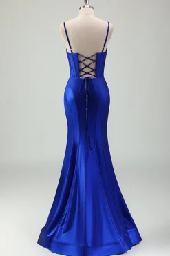 Sereia Real Azul Esparguete Correias Corset Cetim Long Prom Dress com Fenda