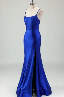 Sereia Real Azul Esparguete Correias Corset Cetim Long Prom Dress com Fenda