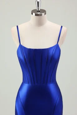 Sereia Real Azul Esparguete Correias Corset Cetim Long Prom Dress com Fenda