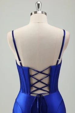 Sereia Real Azul Esparguete Correias Corset Cetim Long Prom Dress com Fenda
