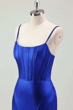 Sereia Real Azul Esparguete Correias Corset Cetim Long Prom Dress com Fenda