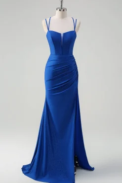 Sereia Real Azul Esparguete Correias Corset Longo Vestido de Baile Com Fenda