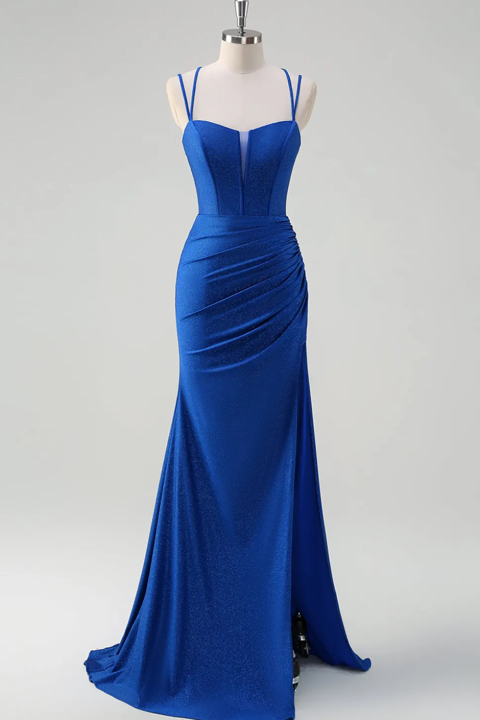 Sereia Real Azul Esparguete Correias Corset Longo Vestido de Baile Com Fenda