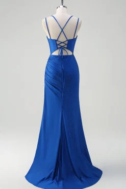 Sereia Real Azul Esparguete Correias Corset Longo Vestido de Baile Com Fenda