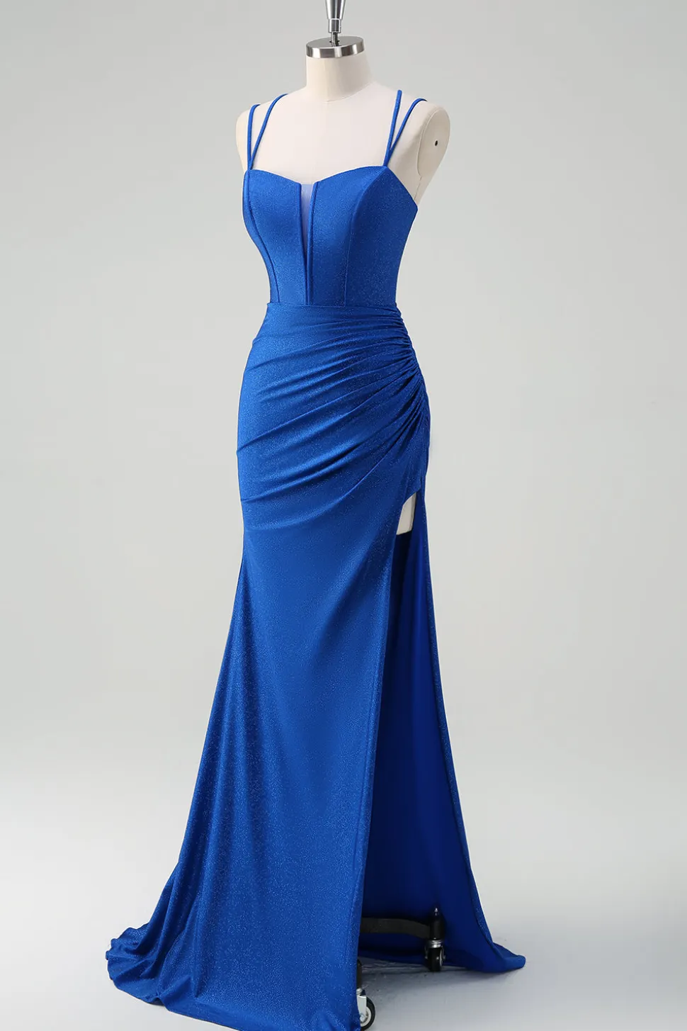 Sereia Real Azul Esparguete Correias Corset Longo Vestido de Baile Com Fenda