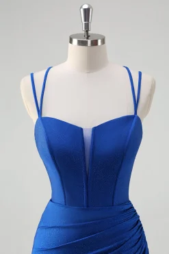 Sereia Real Azul Esparguete Correias Corset Longo Vestido de Baile Com Fenda