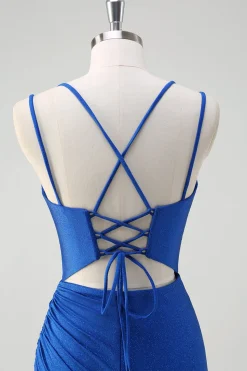 Sereia Real Azul Esparguete Correias Corset Longo Vestido de Baile Com Fenda