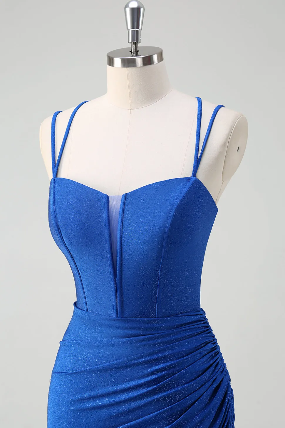 Sereia Real Azul Esparguete Correias Corset Longo Vestido de Baile Com Fenda