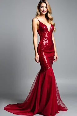 Sereia Red Spaghetti Straps V-Neck Vestido de baile de lantejoulas