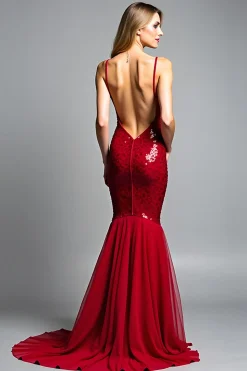 Sereia Red Spaghetti Straps V-Neck Vestido de baile de lantejoulas