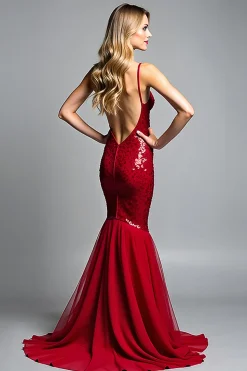 Sereia Red Spaghetti Straps V-Neck Vestido de baile de lantejoulas