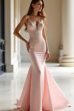Sereia Rosa Cetim Backless Prom Dress com Apliques de Renda
