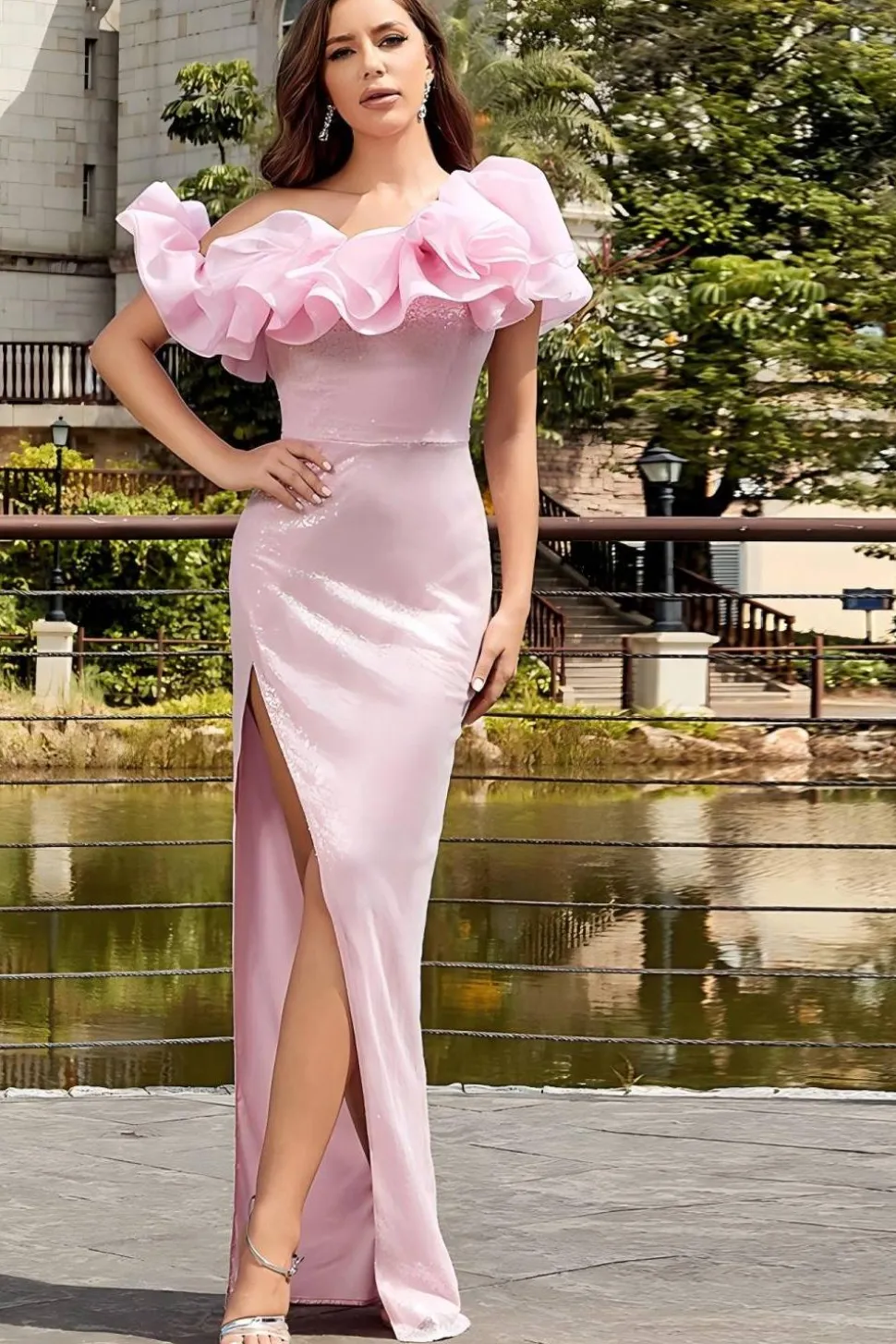Sereia rosa clara babados longo vestido de baile com fenda