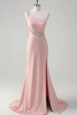 Sereia rosa clara brilhante um ombro frisado cetim longo vestido de baile com fenda