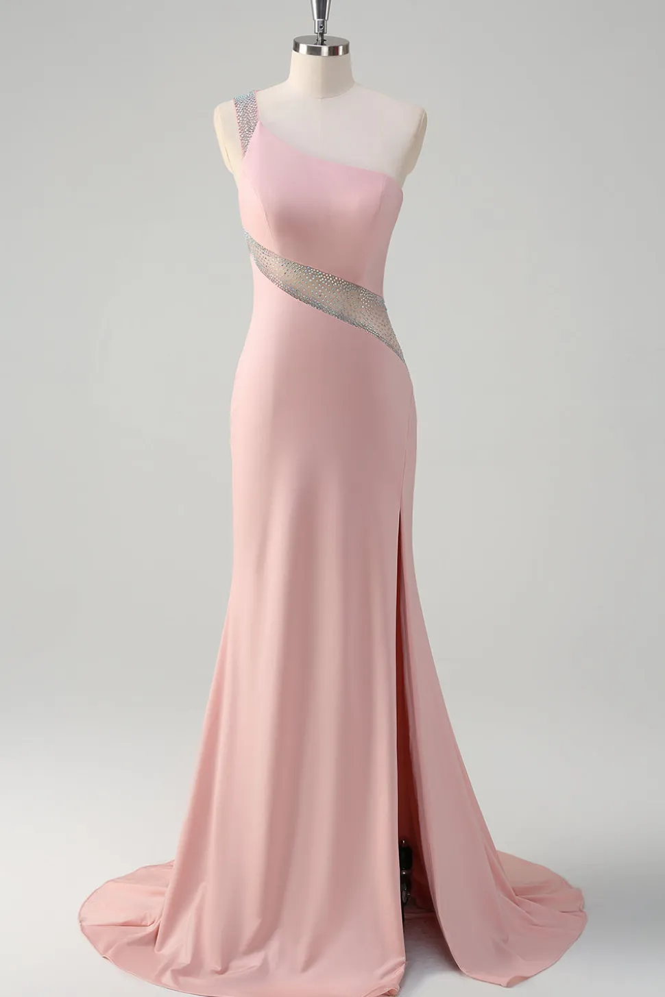 Sereia rosa clara brilhante um ombro frisado cetim longo vestido de baile com fenda