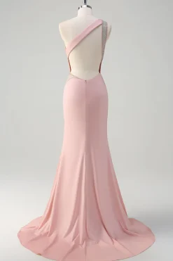 Sereia rosa clara brilhante um ombro frisado cetim longo vestido de baile com fenda