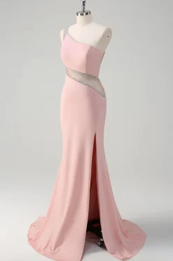 Sereia rosa clara brilhante um ombro frisado cetim longo vestido de baile com fenda