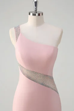 Sereia rosa clara brilhante um ombro frisado cetim longo vestido de baile com fenda