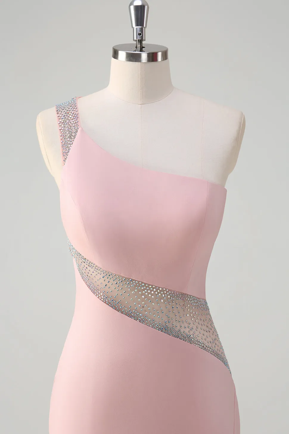 Sereia rosa clara brilhante um ombro frisado cetim longo vestido de baile com fenda