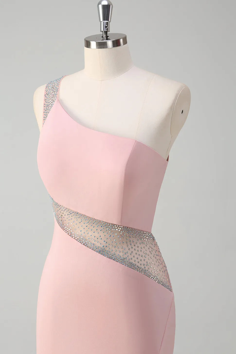 Sereia rosa clara brilhante um ombro frisado cetim longo vestido de baile com fenda