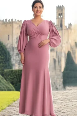 Sereia Rosa Decote em V Longo Vestido Mae Noiva com Mangas Compridas