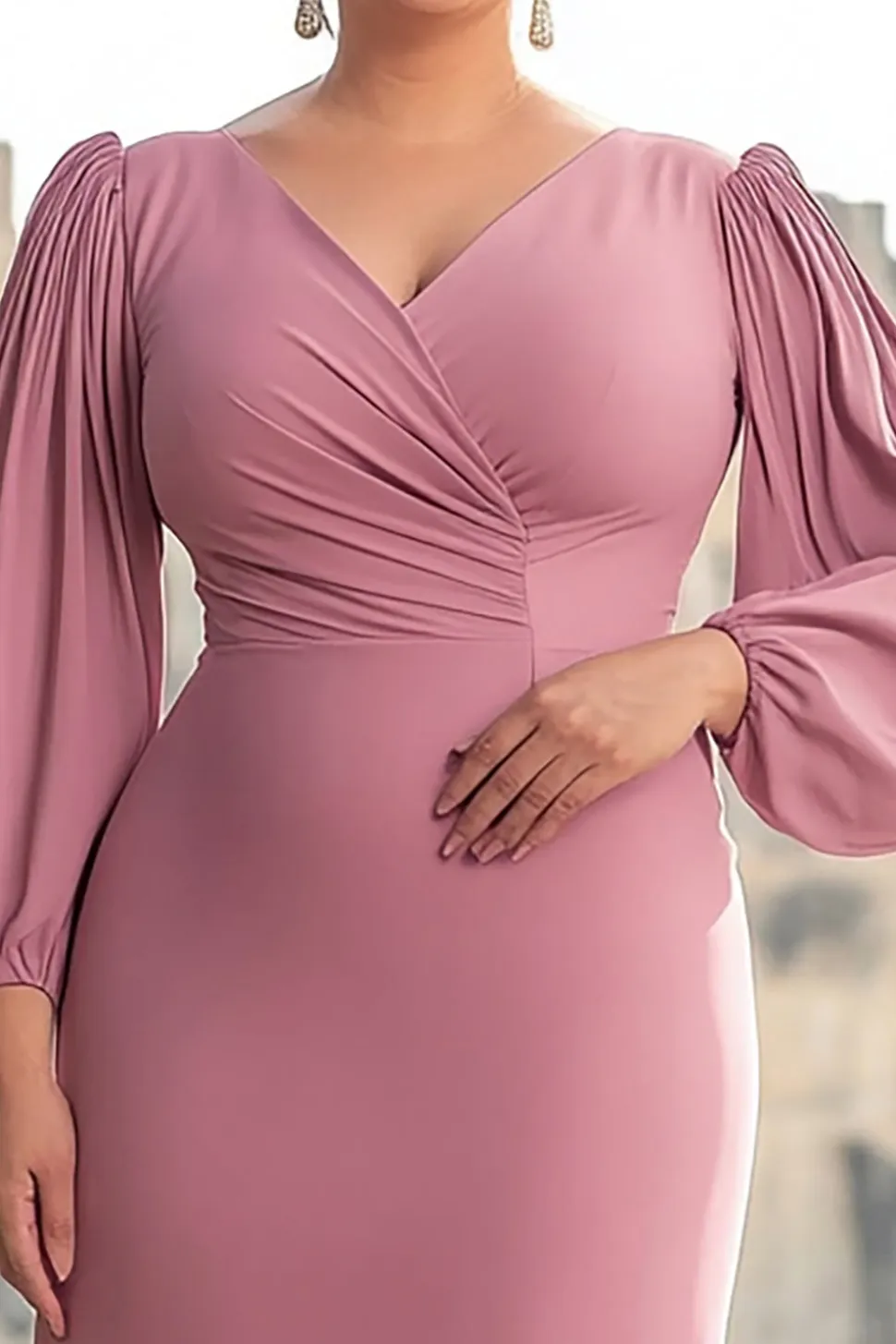 Sereia Rosa Decote em V Longo Vestido Mae Noiva com Mangas Compridas