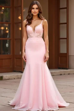 Sereia Rosa Esparguete Correias Longo Vestido de Baile com Apliques