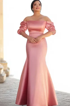 Sereia Rosa Fora do Ombro Longo Cetim Vestido Mae Noiva