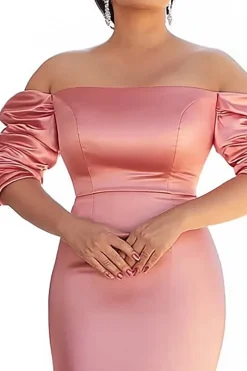 Sereia Rosa Fora do Ombro Longo Cetim Vestido Mae Noiva