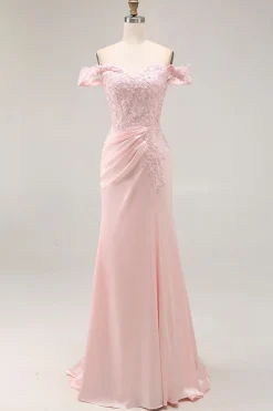 Sereia rosa fora do ombro longo vestido formal com apliques
