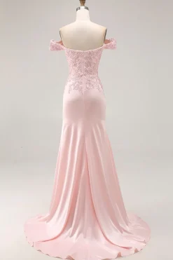 Sereia rosa fora do ombro longo vestido formal com apliques