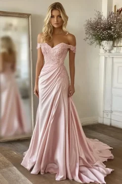 Sereia rosa fora do ombro longo vestido formal com apliques