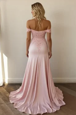 Sereia rosa fora do ombro longo vestido formal com apliques