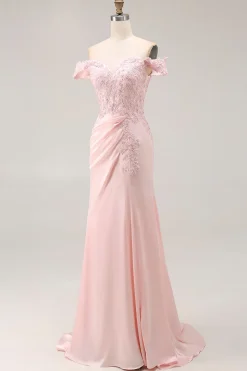 Sereia rosa fora do ombro longo vestido formal com apliques