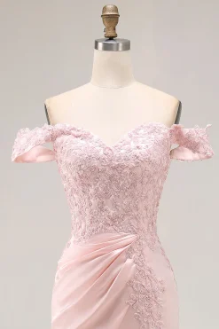 Sereia rosa fora do ombro longo vestido formal com apliques