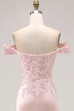 Sereia rosa fora do ombro longo vestido formal com apliques