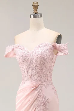 Sereia rosa fora do ombro longo vestido formal com apliques
