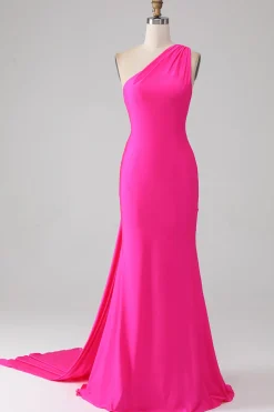 Sereia rosa quente um ombro longo vestido de baile