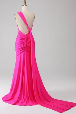 Sereia rosa quente um ombro longo vestido de baile