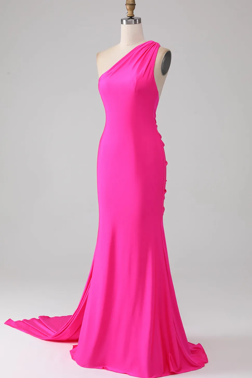 Sereia rosa quente um ombro longo vestido de baile