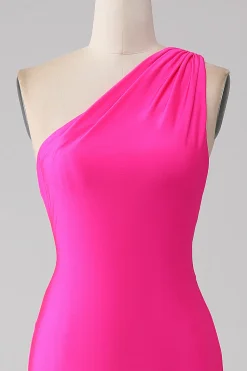 Sereia rosa quente um ombro longo vestido de baile