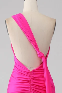 Sereia rosa quente um ombro longo vestido de baile