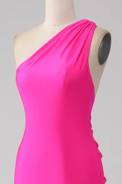 Sereia rosa quente um ombro longo vestido de baile