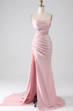 Sereia rosa sem alças frisado longo vestido de baile com fenda alta