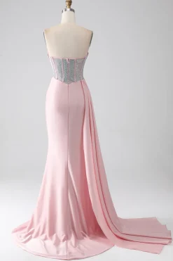 Sereia rosa sem alças frisado longo vestido de baile com fenda alta