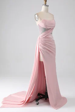 Sereia rosa sem alças frisado longo vestido de baile com fenda alta