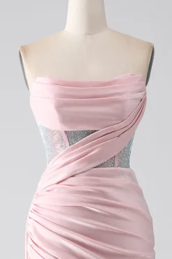 Sereia rosa sem alças frisado longo vestido de baile com fenda alta