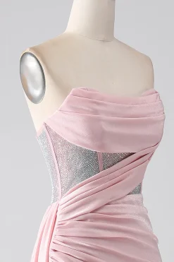 Sereia rosa sem alças frisado longo vestido de baile com fenda alta