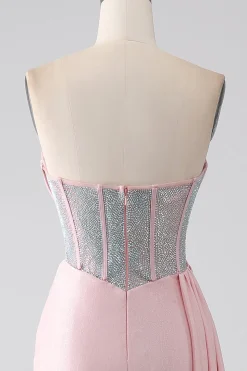 Sereia rosa sem alças frisado longo vestido de baile com fenda alta